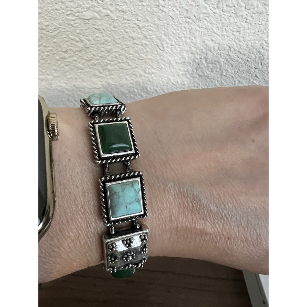 Ornate Lucky Brand VTG Green Turquoise Flower Cabochon Bracelet Silver Tone Boho - Picture 2 of 14